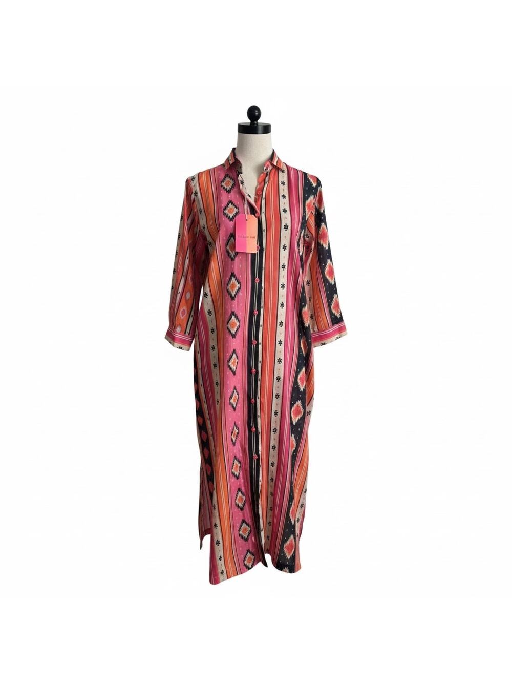 NWT VILAGALLO Maxi Shirt Dress Orange Tribal Navajo Pink Stripe Print Button 8